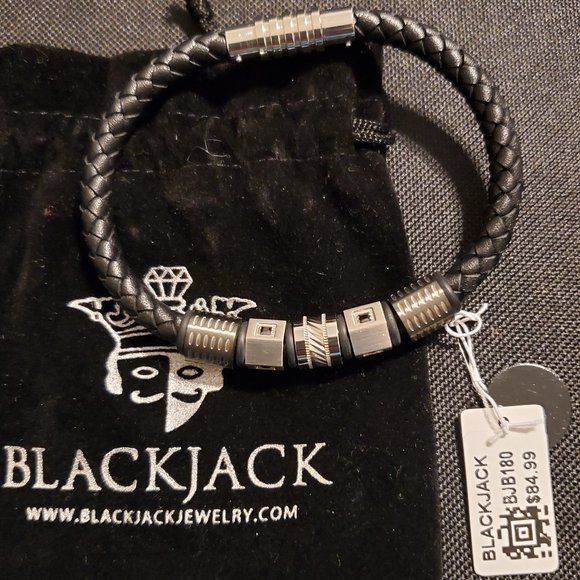 BlackJack Braided Leather Stainless Steel and Black Men's Bracelet - Picture 2 of 6